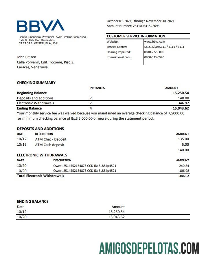 Exemplo de PDF do Excel do Banco BBVA da Venezuela